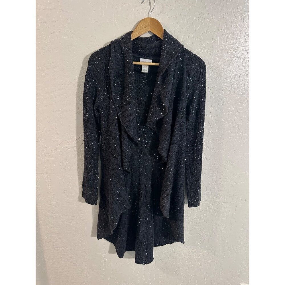 Y Soft Surroundings Black Glitter Winter Ruffle Open Cardigan Sweater - Picture 2 of 10